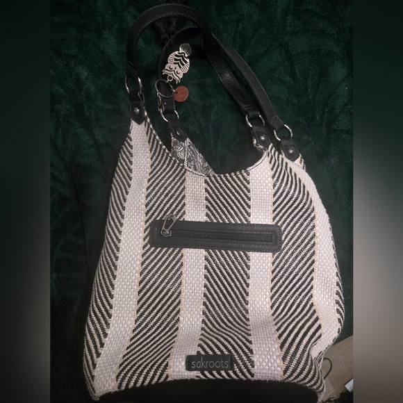 Sakroots Black and Cream Striped Shoulder Bag Tote New No Tags Owl Charm